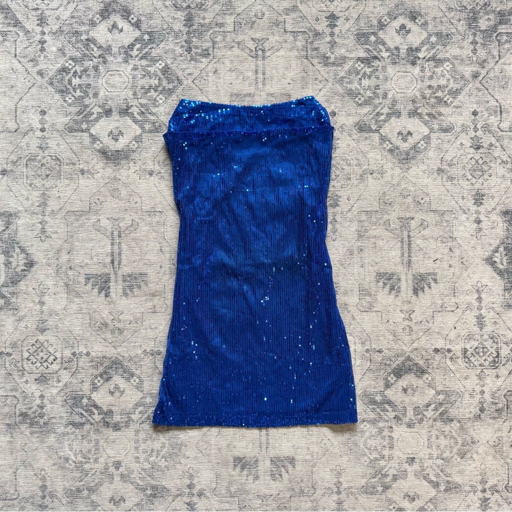 Blue Sequin Strapless Dress